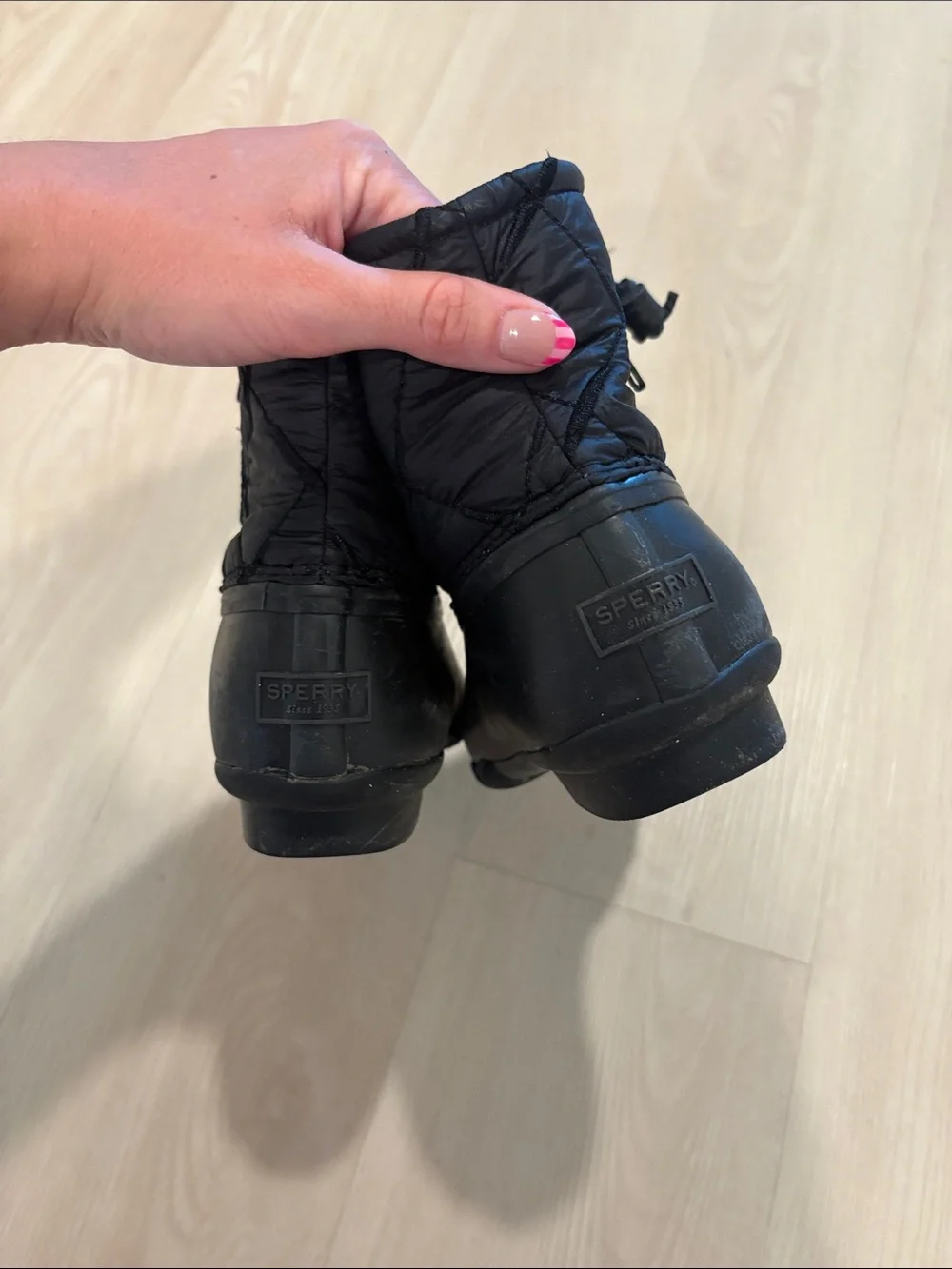 Sperry Black Waterproof Duck Boots with Plaid Lining
